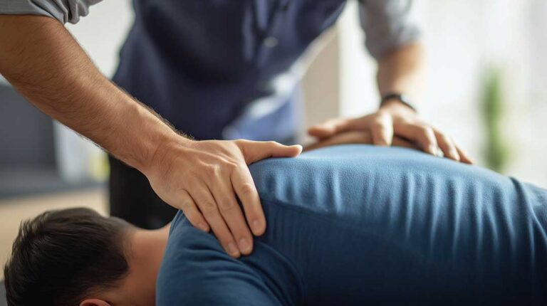 A person sits calmly on a treatment table while a chiropractor listens and prepares for a spinal assessment.